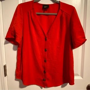 Short Sleeve V Neck Button Top Optional Tie Red Orange Flowy Fall Blouse